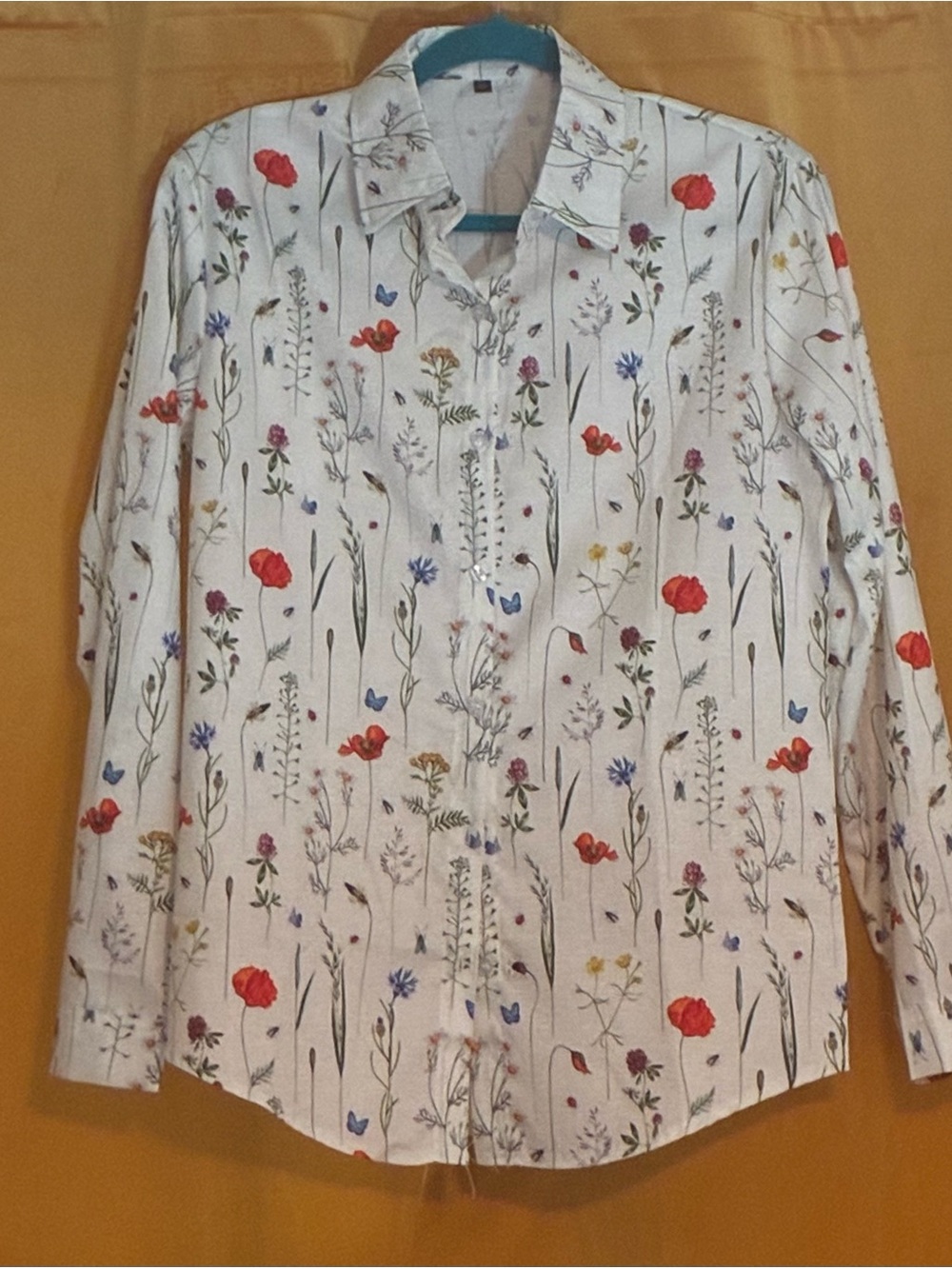 Floral Button-Up Shirt in White with Red & Blue Wildflowers
